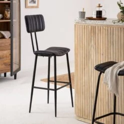 Tabouret De Bar En Cuir Noir Carl