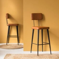 Tabouret De Bar En Cuir Marron Et Métal Noir Victor -Chaise Écolier Métal Magasin product m i mim160 tabouret ambiance 1