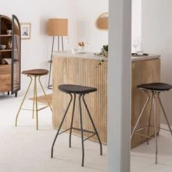 Tabouret De Bar En Cuir Gris Et Métal Lya -Chaise Écolier Métal Magasin su11 12 13 chaisehaute amb dos 1