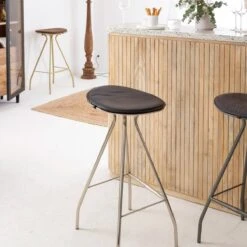 Tabouret De Bar En Cuir Noir Et Métal Lya