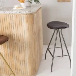 Tabouret De Bar En Cuir Gris Et Métal Lya