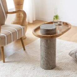 Bout De Canapé En Bois De Manguier Et Marbre Andréa -Chaise Écolier Métal Magasin su32 bout de canap ambiance 2